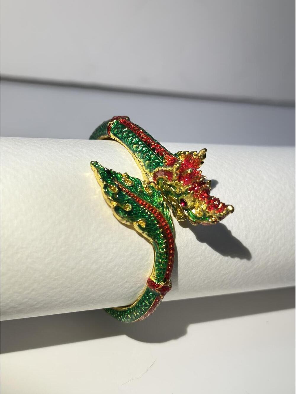 Green Red and Gold Enamel Hinged Cuff Naga Bracelet Talismans